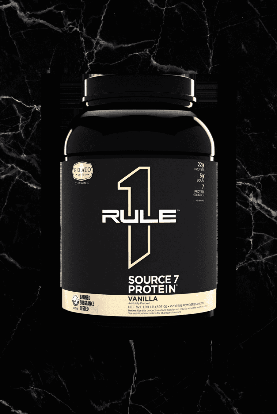 SOURCE 7 Protein Gelato Inspired - Vanilla flavor by Rule1, 22g multi-source protein in a black tub with cream label, ideal for fitness nutrition.