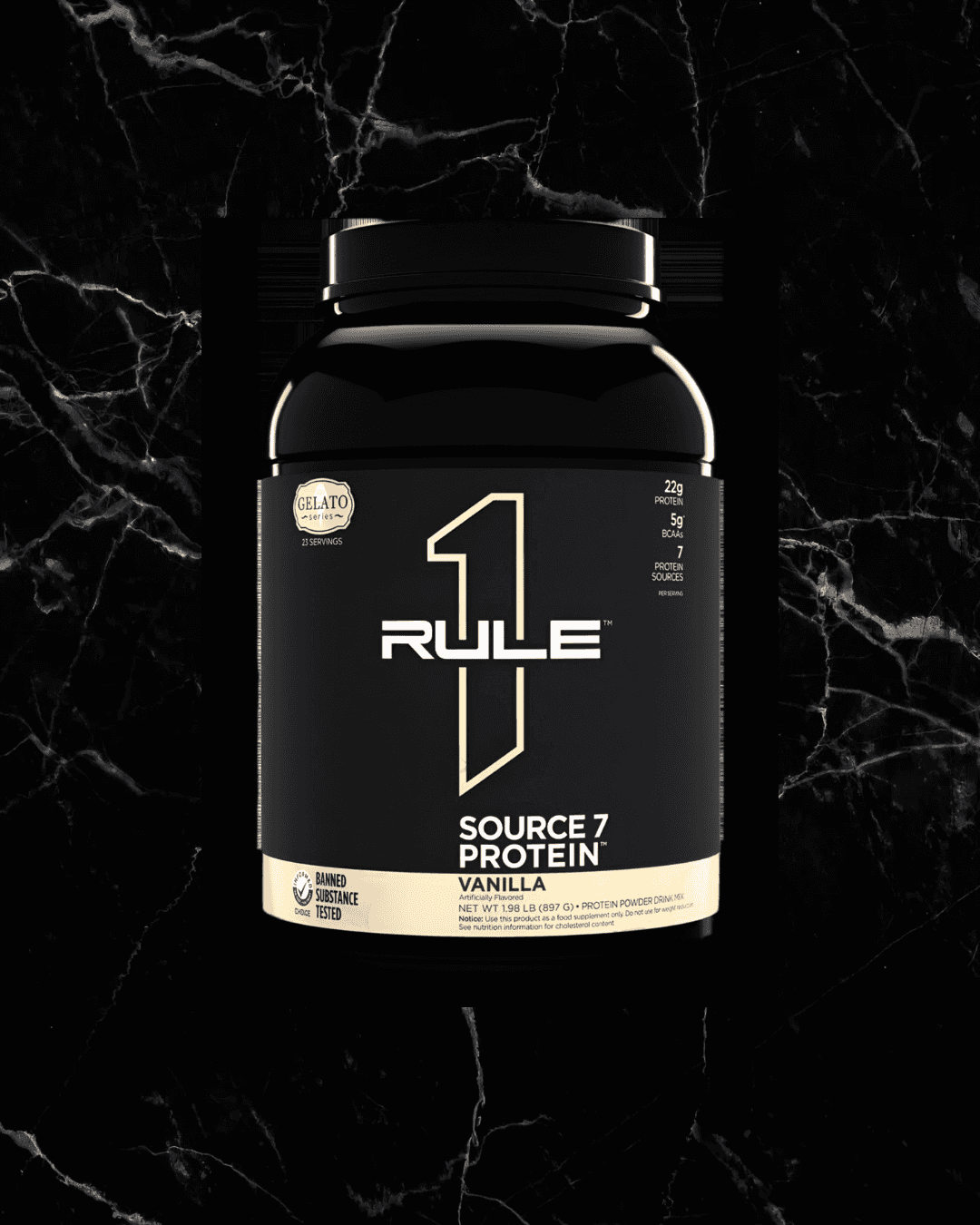 SOURCE 7 Protein Gelato Inspired - Vanilla flavor by Rule1, 22g multi-source protein in a black tub with cream label, ideal for fitness nutrition.