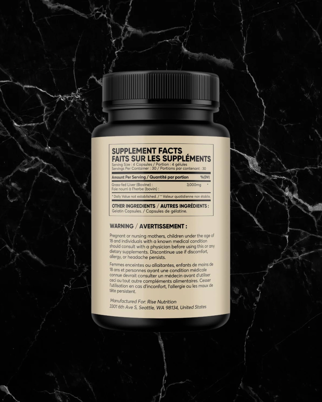 Back label of Grass Fed Beef Liver Capsules showing supplement facts, ingredients, and warnings for Rise Nutrition's 120 capsule bottle.