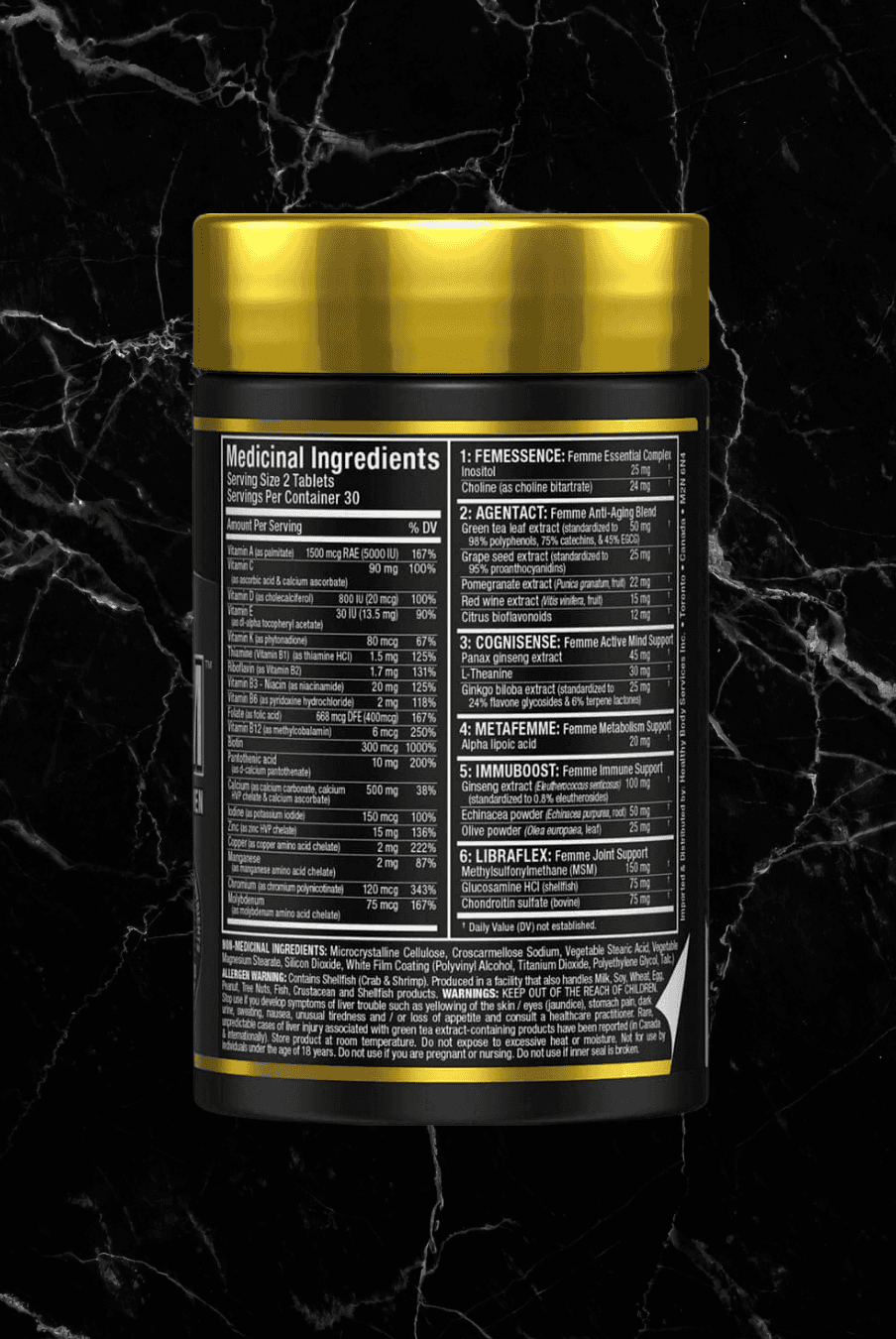 Back label of ALLMAX Vitaform For Women multivitamin showing supplement facts and ingredient complexes for women's health support.