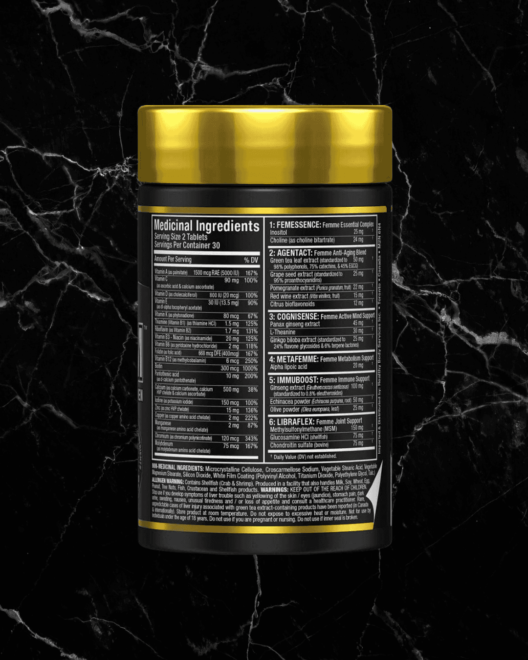 Back label of ALLMAX Vitaform For Women multivitamin showing supplement facts and ingredient complexes for women's health support.