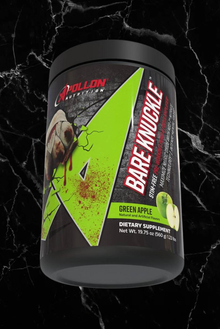 Bare Knuckle Green Apple flavor stim-free pre-workout by Apollon Nutrition, nitrate-powered formula for enhanced vascularity and performance.