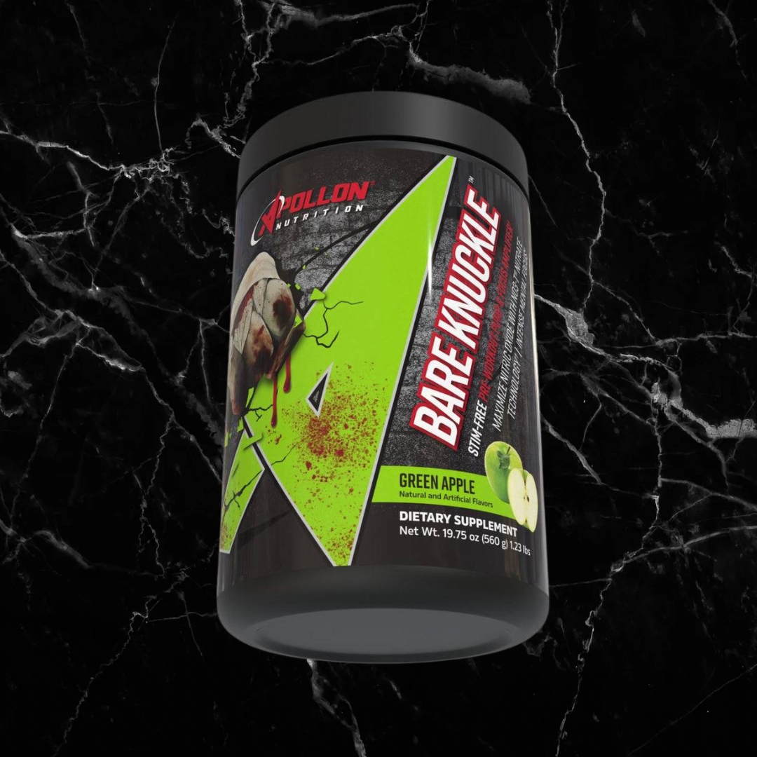 Bare Knuckle Green Apple flavor stim-free pre-workout by Apollon Nutrition, nitrate-powered formula for enhanced vascularity and performance.