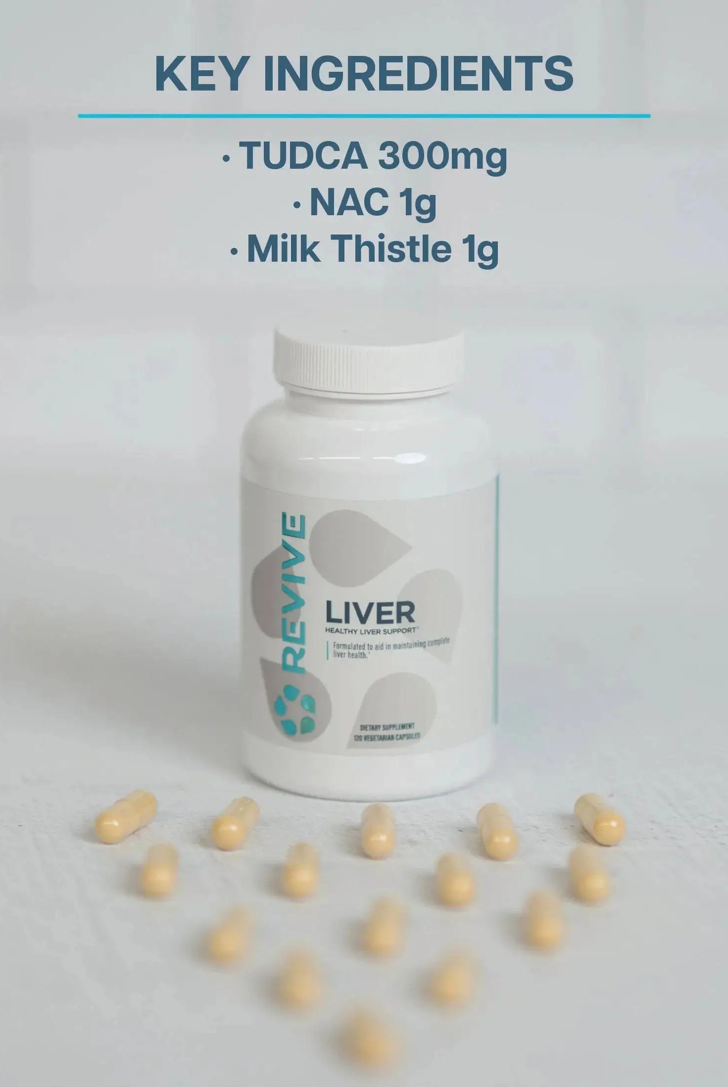 Revive Liver 30 Servings bottle with capsules displayed on a white surface, featuring key ingredients like NAC, TUDCA, and Milk Thistle.