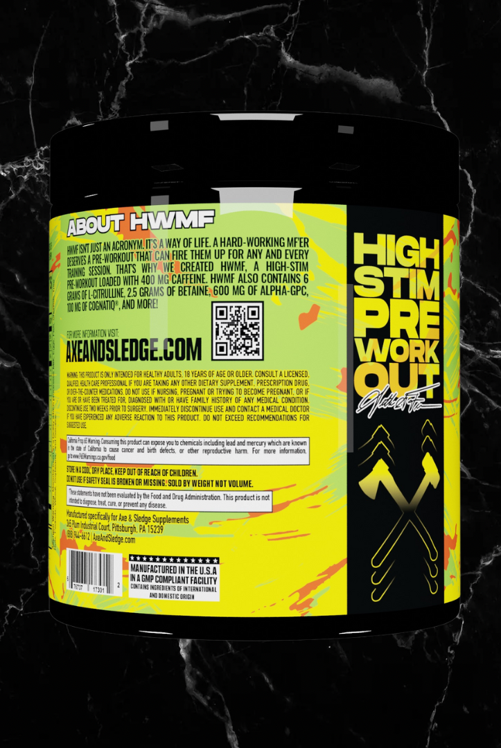 Back label of Axe & Sledge HWMF Sour Citrus Punch Pre Workout featuring high stim formula details, usage guide, and brand ethos for serious athletes.