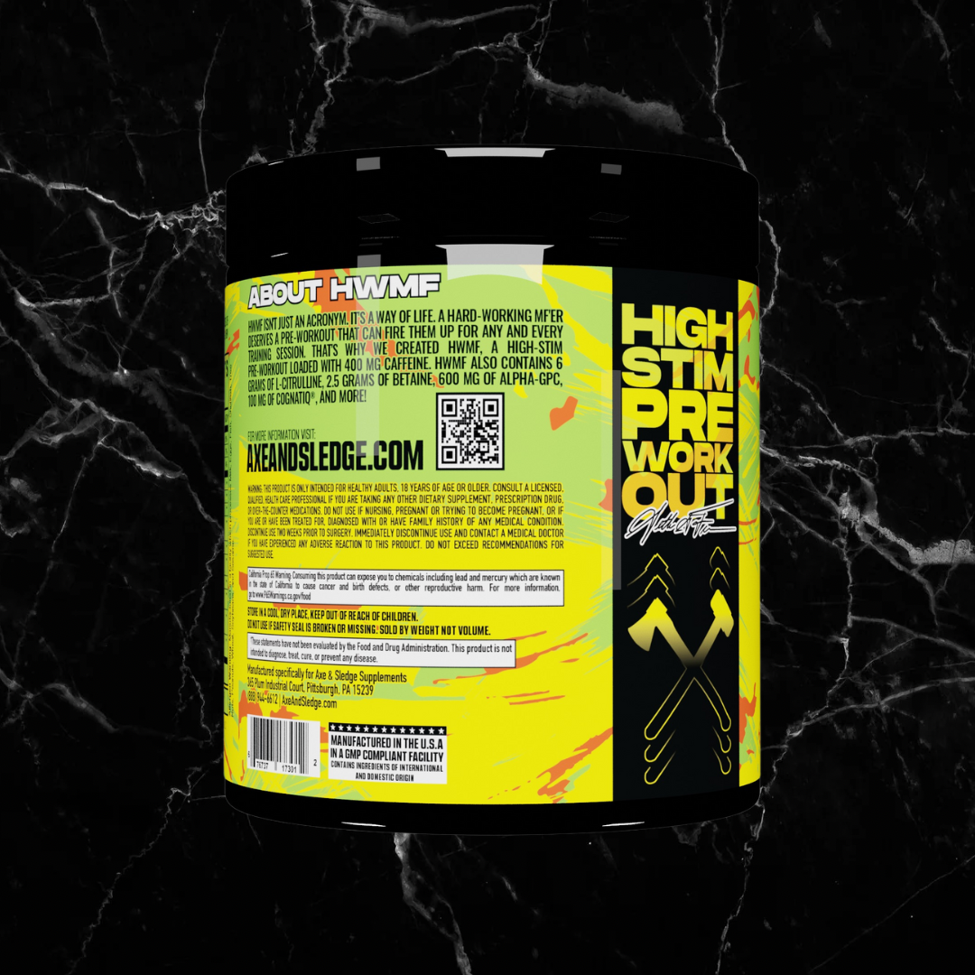 Back label of Axe & Sledge HWMF Sour Citrus Punch Pre Workout featuring high stim formula details, usage guide, and brand ethos for serious athletes.