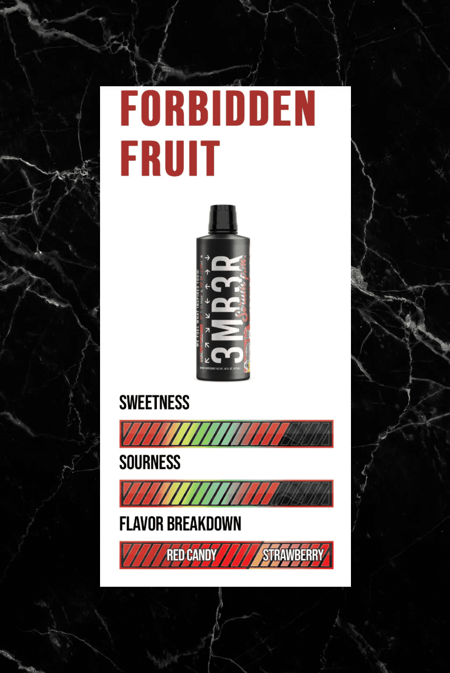 Flavor profile of 3MBER:SERUM PM Forbidden Fruit with moderate sweetness and sourness, featuring red candy and strawberry notes.