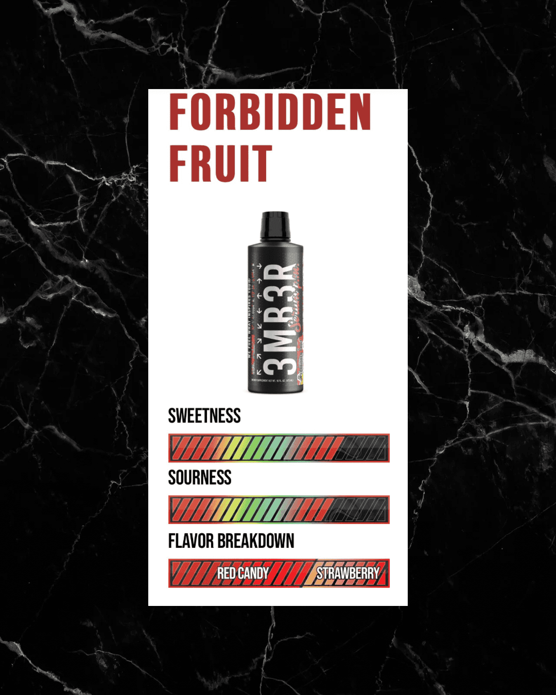 Flavor profile of 3MBER:SERUM PM Forbidden Fruit with moderate sweetness and sourness, featuring red candy and strawberry notes.