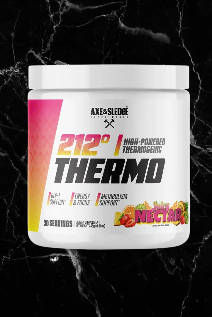 AXE & SLEDGE 212º Thermogenic Weight Loss supplement in Juicy Nectar flavor. Features fat-loss support, energy boost, and metabolism enhancement.