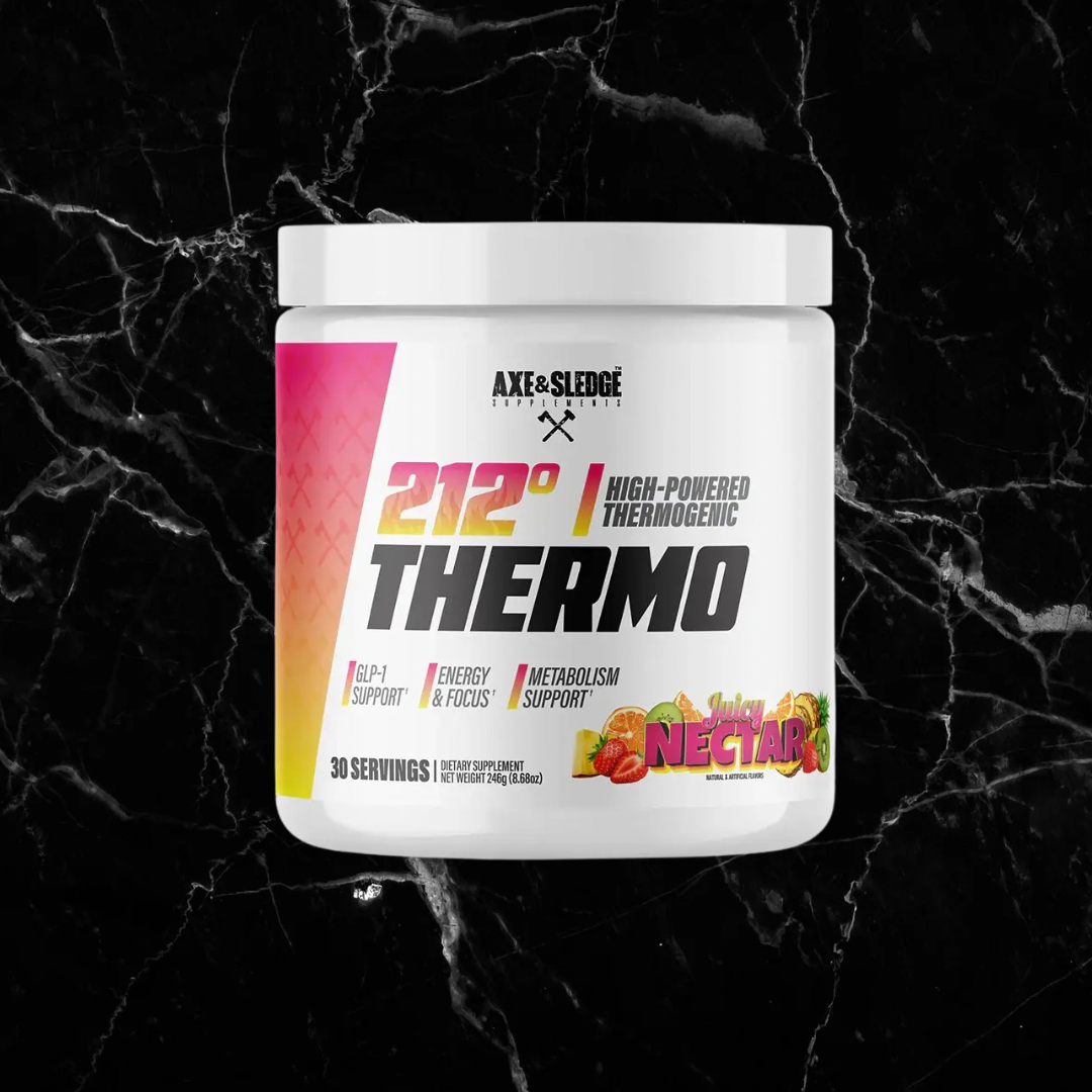 AXE & SLEDGE 212º Thermogenic Weight Loss supplement in Juicy Nectar flavor. Features fat-loss support, energy boost, and metabolism enhancement.