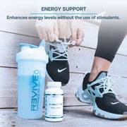 AdrenalCORE bottle next to athletic shoes and shaker bottle, emphasizing stimulant-free energy support for active lifestyles.