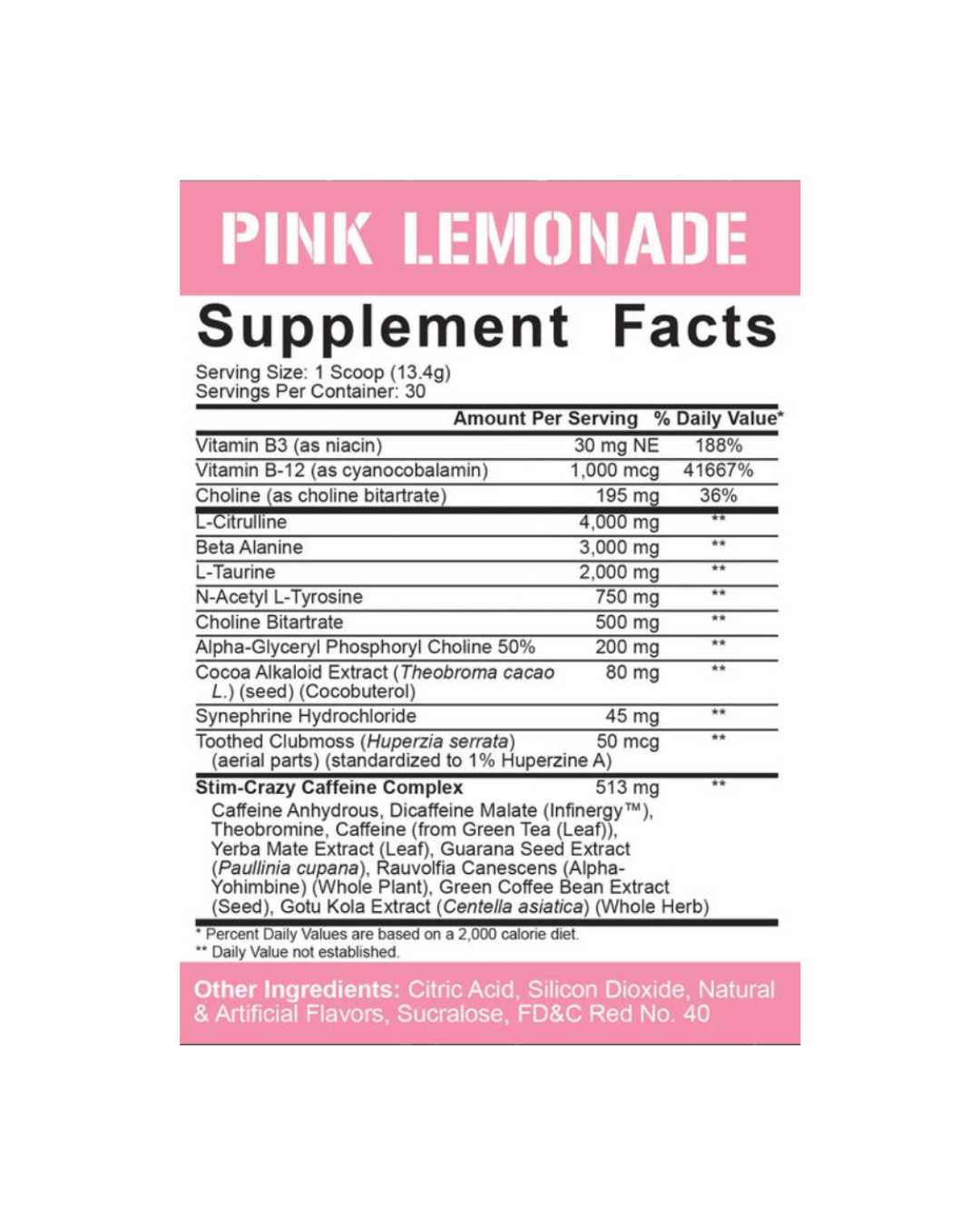 Pink Lemonade flavor supplement facts for Rich Piana 5% Nutrition 5150 Pre-Workout highlighting ingredients for energy, focus, and endurance.