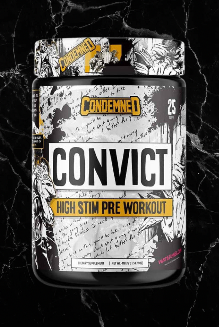 Watermelon CONDEMNED Convict High Stim Pre Workout, premium supplement for maximizing energy, stamina, and mental focus during workouts.