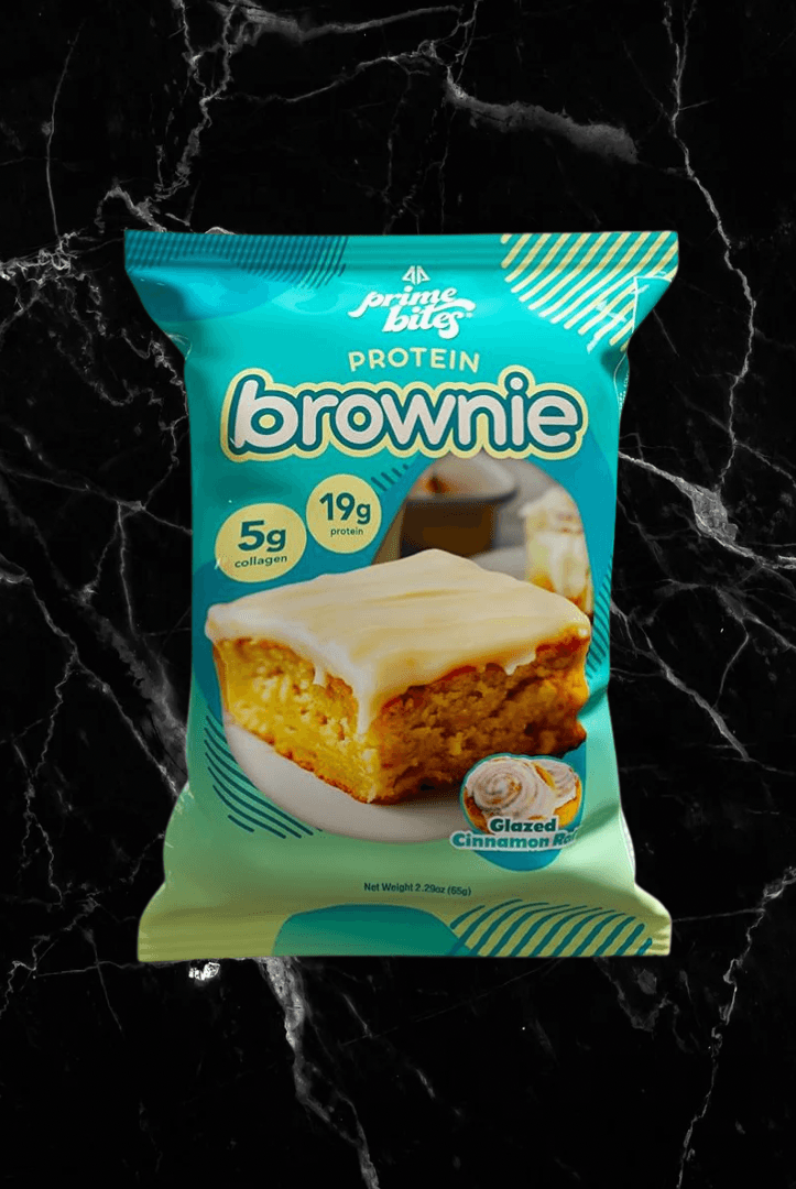 Alpha Prime Bites Glazed Cinnamon Protein Brownie offering 19g protein and 5g collagen, a delicious high-protein treat for fitness enthusiasts.