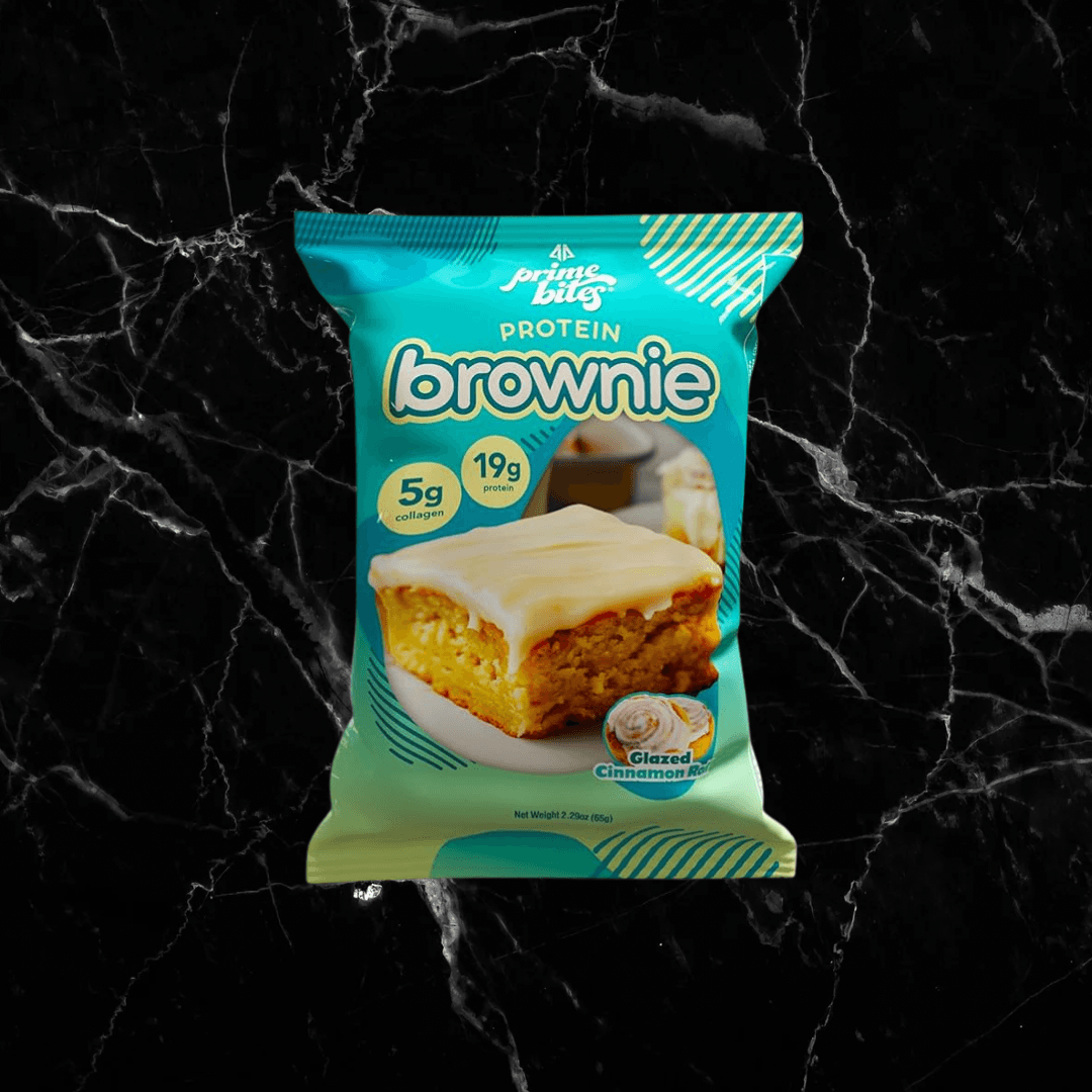 Alpha Prime Bites Glazed Cinnamon Protein Brownie offering 19g protein and 5g collagen, a delicious high-protein treat for fitness enthusiasts.