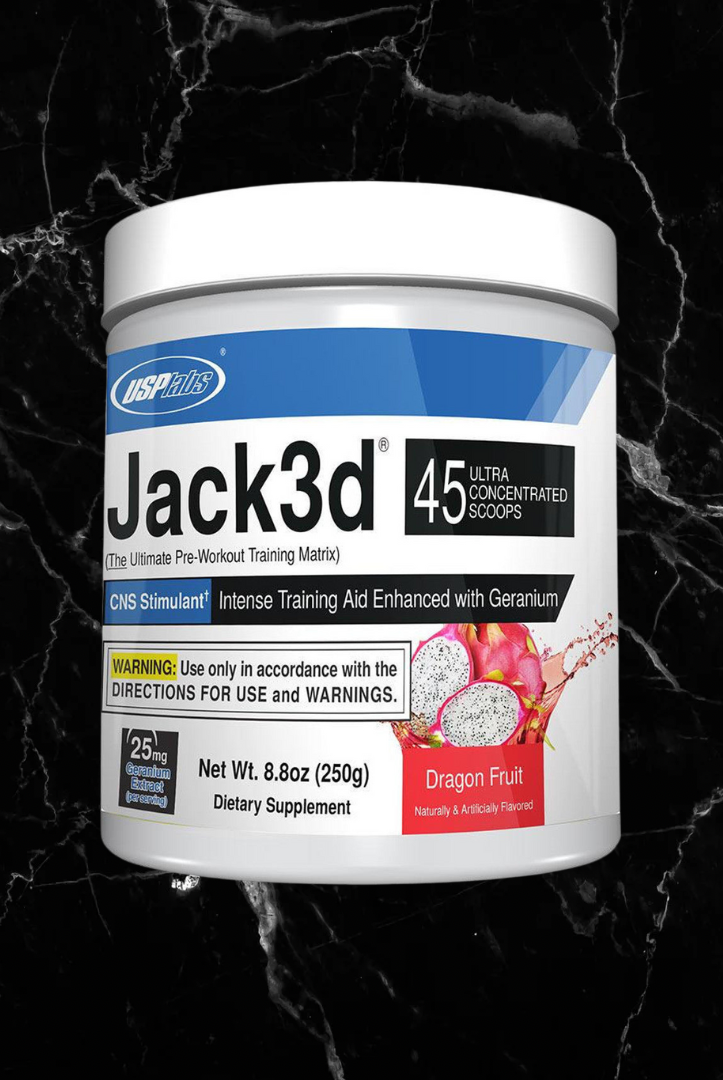 USP Labs Jack3d DMHA Pre-Workout Dragon Fruit flavor, 45 servings. High-stimulant supplement designed to boost workout energy and focus.