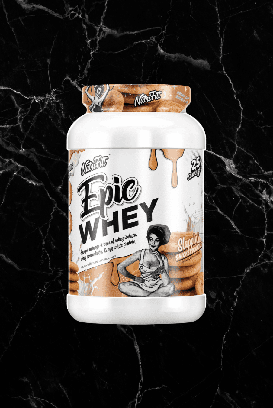 Nutrifitt Epic Whey Protein Slappin’ Snickerdoodle flavor tub featuring vintage pin-up design, now at BulkBully Supplements. Premium protein powder for muscle recovery.