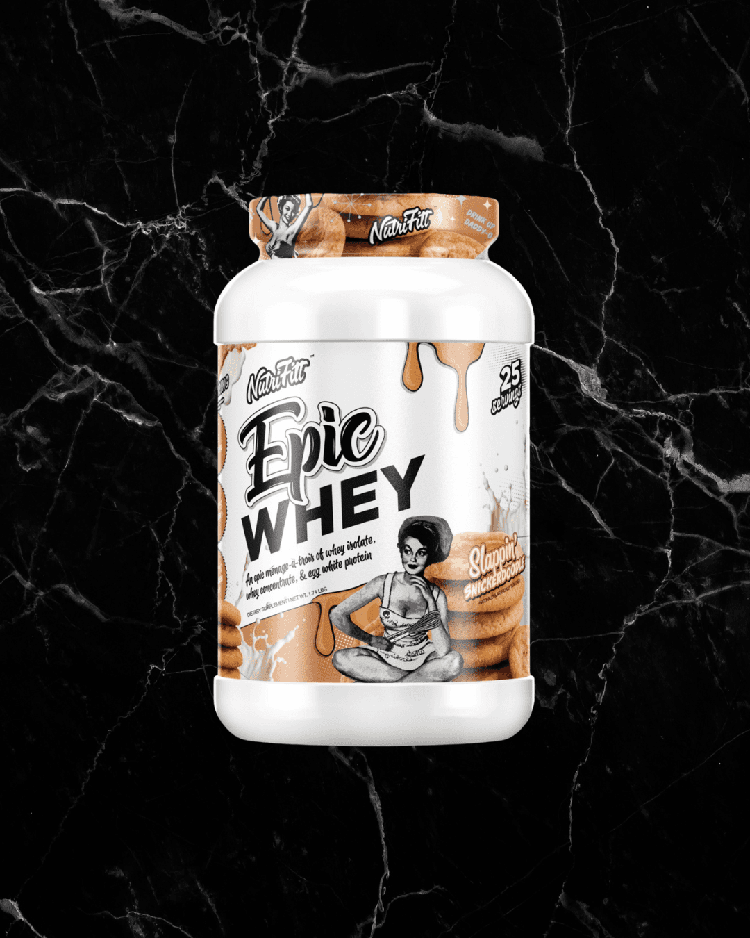 Nutrifitt Epic Whey Protein Slappin’ Snickerdoodle flavor tub featuring vintage pin-up design, now at BulkBully Supplements. Premium protein powder for muscle recovery.