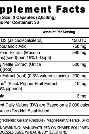 Blackstone Labs Natural G.H Booster Default Title supplement facts panel listing ingredients like Vitamin D3, Mucuna Pruriens, and Melatonin per 3-capsule serving.