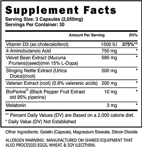 Blackstone Labs Natural G.H Booster Default Title supplement facts panel listing ingredients like Vitamin D3, Mucuna Pruriens, and Melatonin per 3-capsule serving.