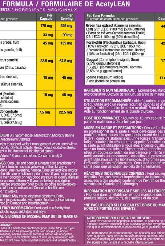 Supplement facts and ingredients label for Athletic Alliance AcetyLEAN Metabolic Enhancer, detailing dosage and active compounds per serving.