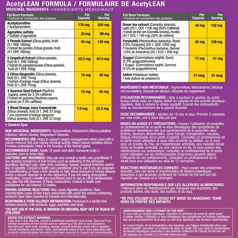 Supplement facts and ingredients label for Athletic Alliance AcetyLEAN Metabolic Enhancer, detailing dosage and active compounds per serving.