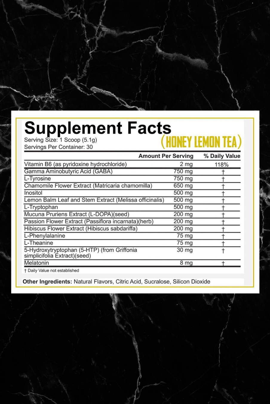 Honey Lemon Tea flavor supplement facts of 5% Knocked The F*ck Out Sleep Aid, featuring GABA, L-tyrosine, and herbal ingredients for restful sleep.