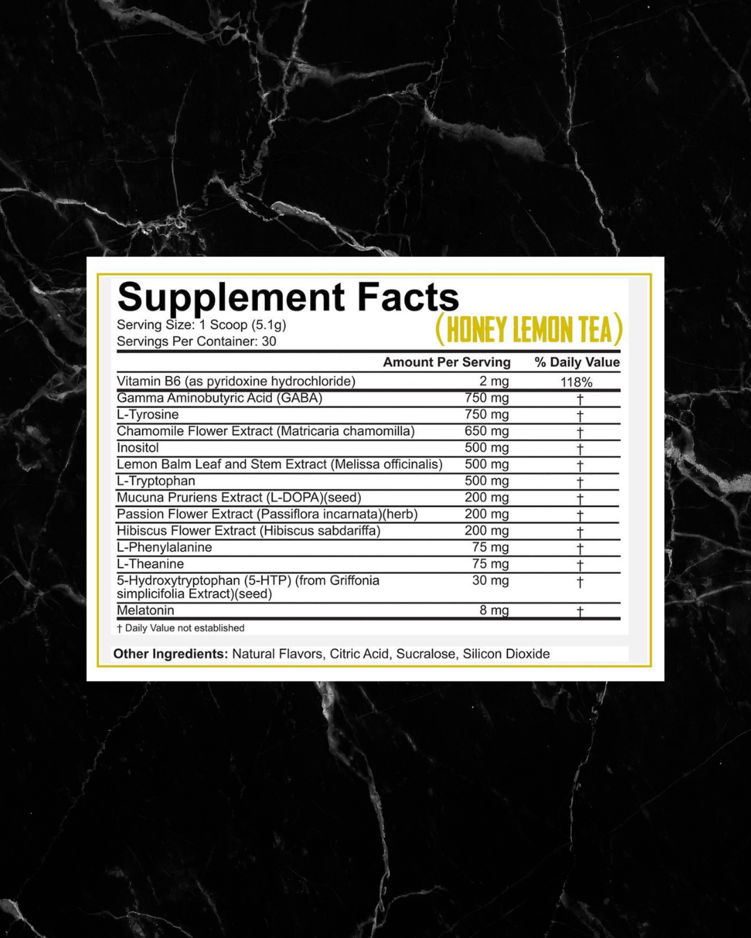 Honey Lemon Tea flavor supplement facts of 5% Knocked The F*ck Out Sleep Aid, featuring GABA, L-tyrosine, and herbal ingredients for restful sleep.