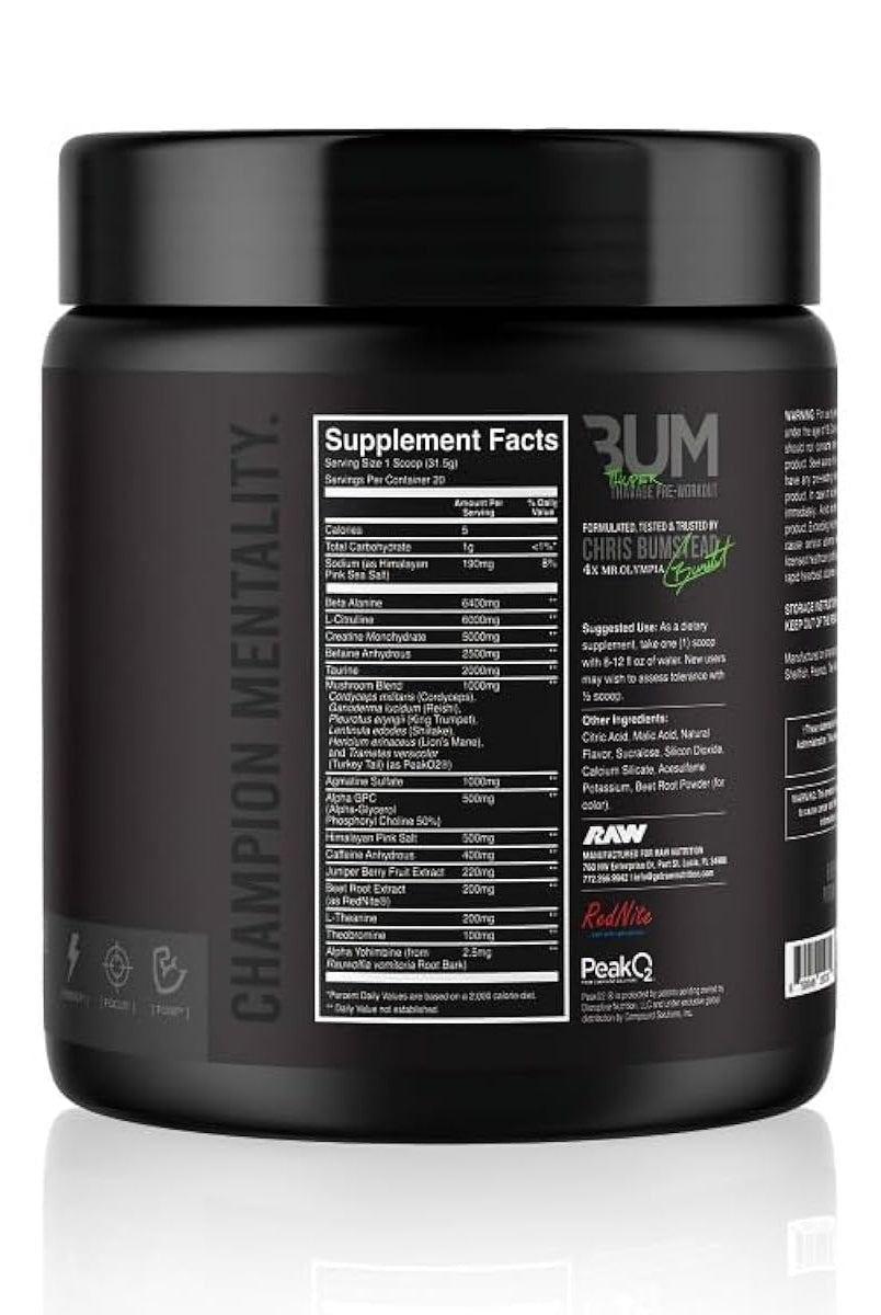 CBUM Thavage Pre Workout supplement facts label. Includes Beta Alanine, L-Tyrosine, and other performance-enhancing ingredients.