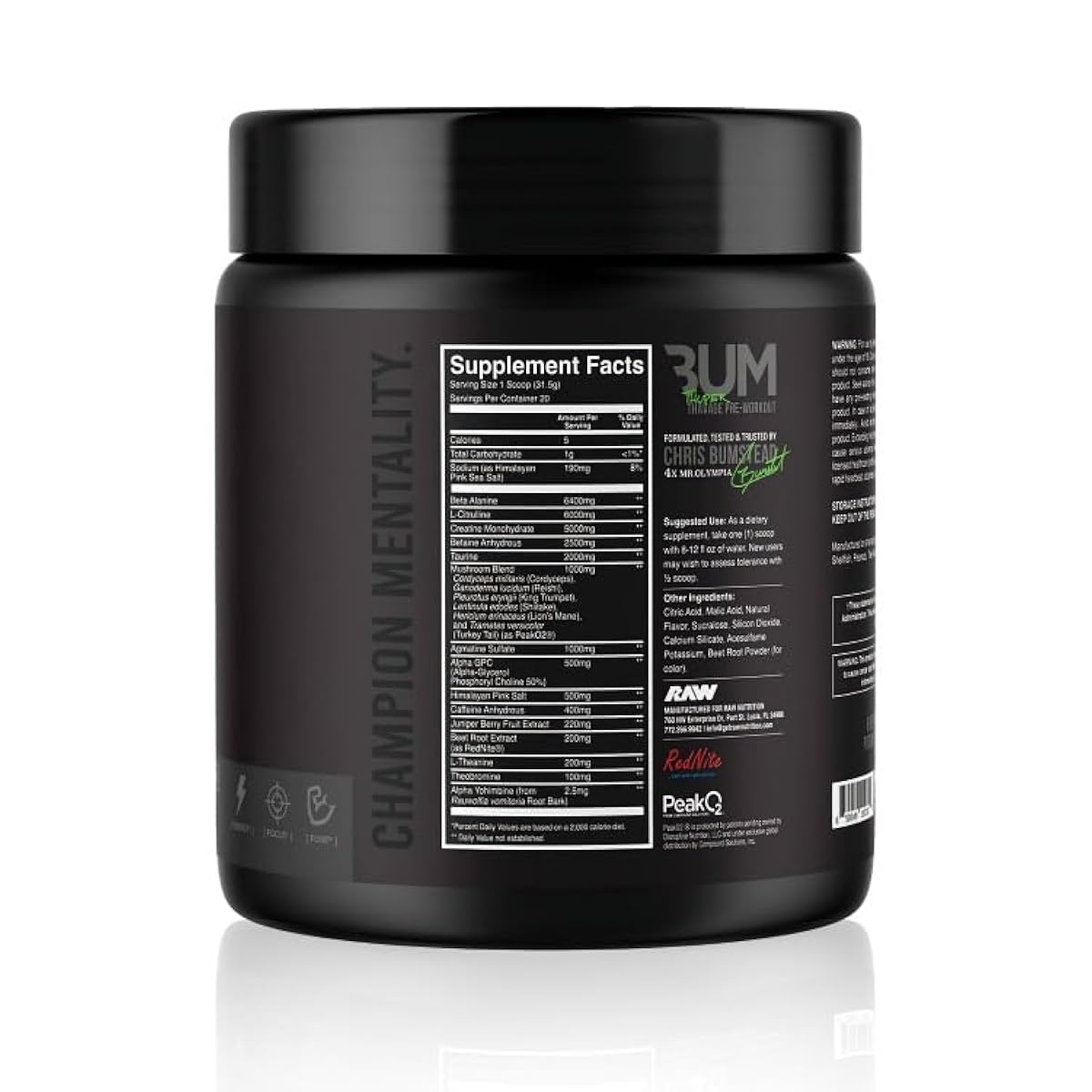 CBUM Thavage Pre Workout supplement facts label. Includes Beta Alanine, L-Tyrosine, and other performance-enhancing ingredients.
