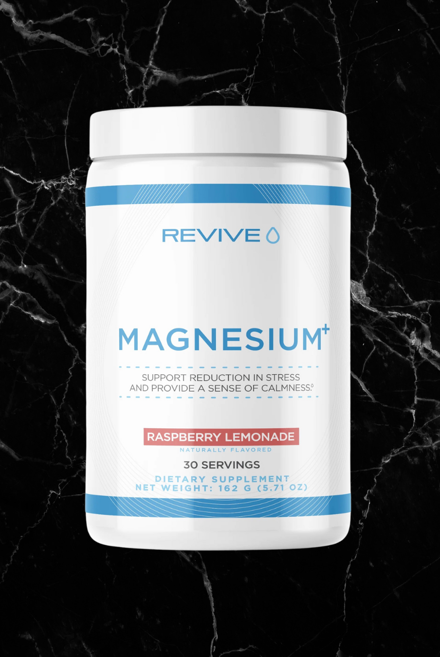 Revive Magnesium+ Raspberry Lemonade flavor, premium magnesium supplement with 30 servings, supports mental wellness and muscle health.
