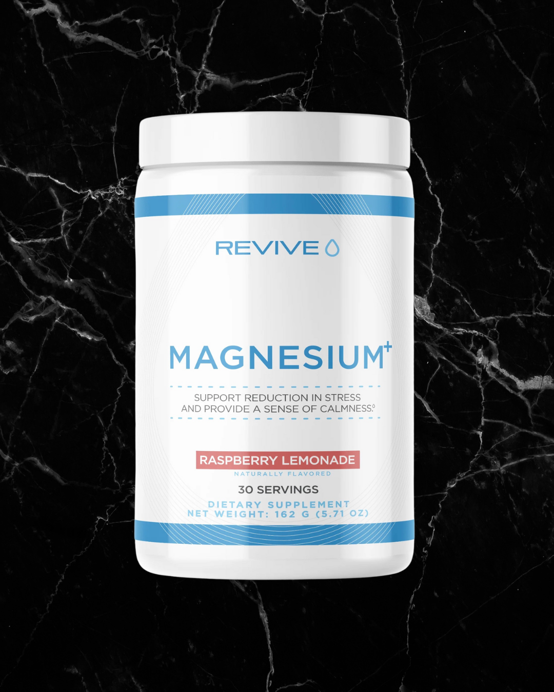 Revive Magnesium+ Raspberry Lemonade flavor, premium magnesium supplement with 30 servings, supports mental wellness and muscle health.