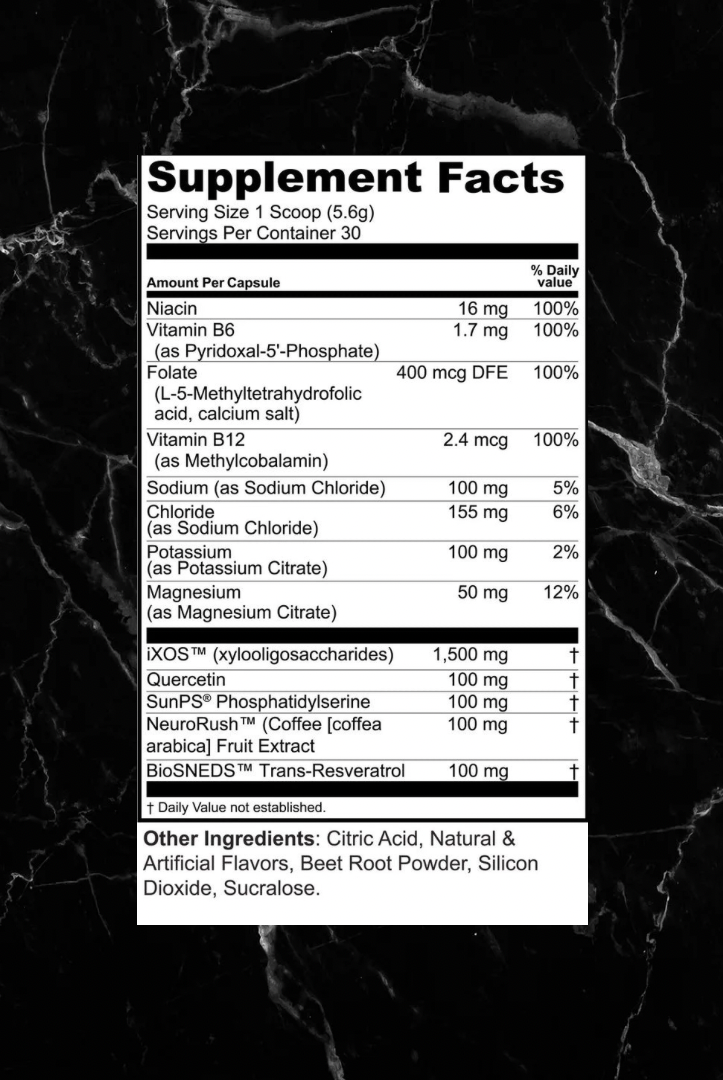 Supplement Facts label for MYQ Brain Food Electrolytes | Hydration & Gut Boost, vitamins, minerals, and blends for brain and gut health.