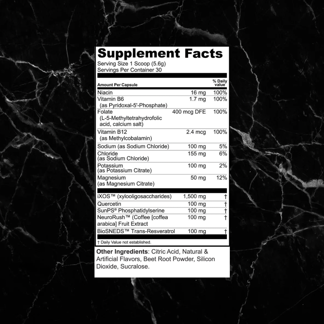 Supplement Facts label for MYQ Brain Food Electrolytes | Hydration & Gut Boost, vitamins, minerals, and blends for brain and gut health.