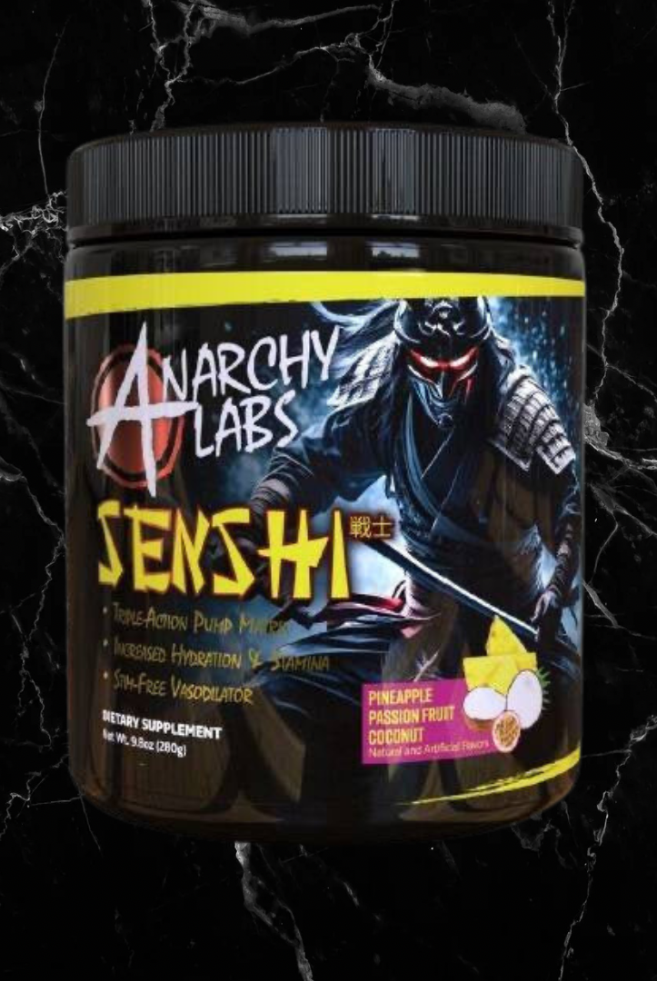Anarchy Labs Senshi Pre-Workout - Stim-Free Performance in Pineapple Passion Fruit Coconut flavor, designed for hydration and vasodilation boosts.
