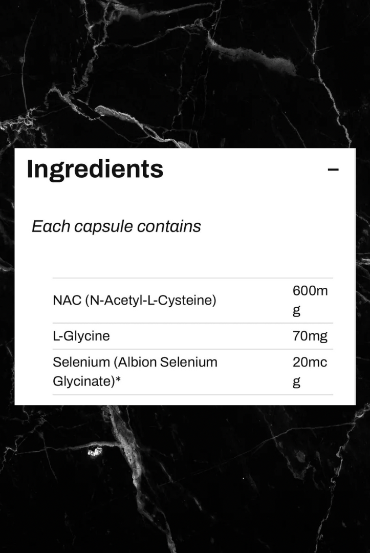 Supplement facts label for CanPrev NAC+ showing 600mg NAC, 70mg L-Glycine, and 20mcg Selenium per capsule for oxidative stress defense.