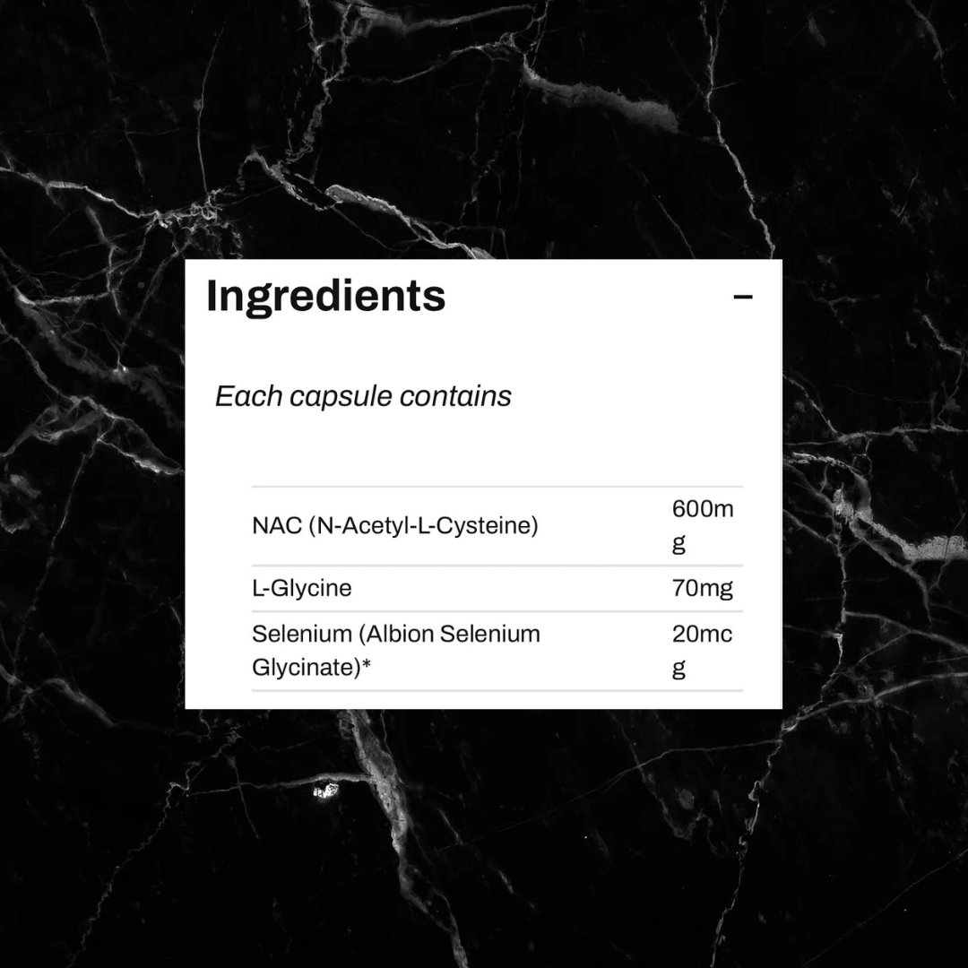 Supplement facts for CanPrev NAC+ showing 600mg NAC, 70mg L-Glycine, and 20mcg Selenium per capsule for oxidative stress defense.