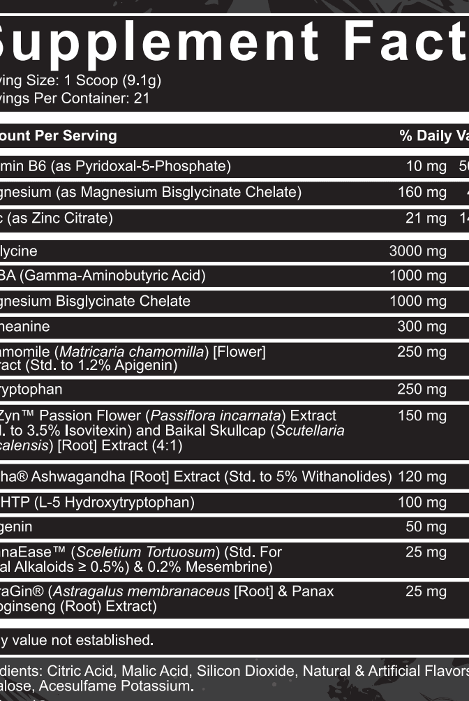 Supplement facts label for Nutrifitt Silence Honey Lemon Tea showing ingredients like GABA, L-Theanine, and Magnesium for sleep and recovery support.