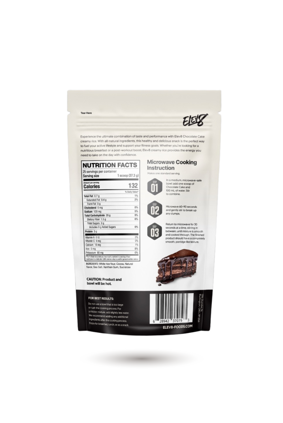 Back of ELEV8 Creamy Rice Chocolate Cake pouch with calorie info and cooking steps. Ideal for clean eating and energy support.