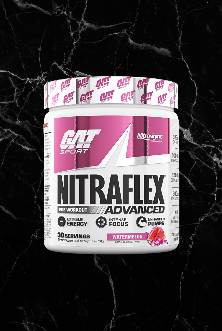 Nitraflex Advanced Pre Workout by GAT Sport in watermelon flavor, featuring extreme energy and enhanced pumps, 30 servings.