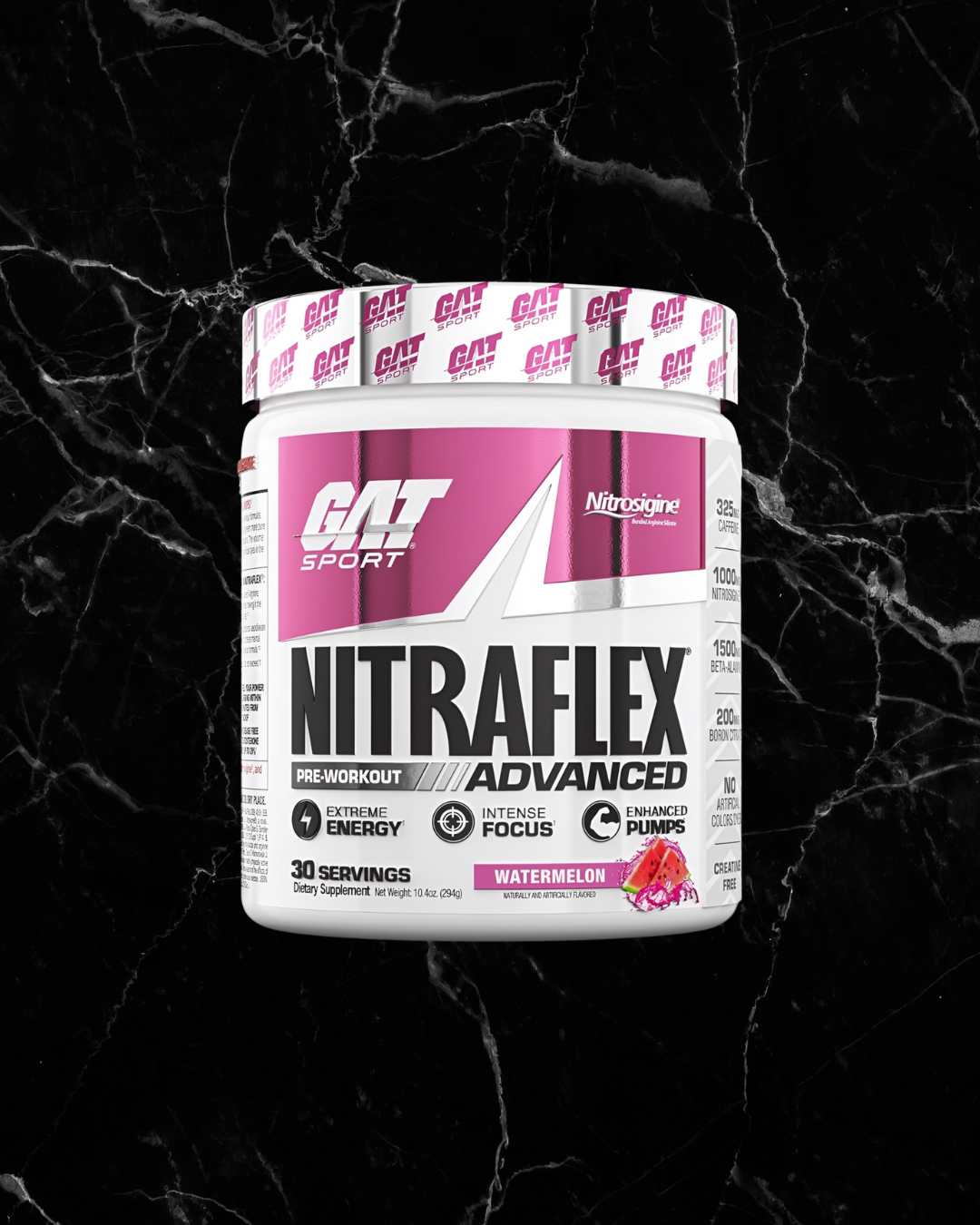 Nitraflex Advanced Pre Workout by GAT Sport in watermelon flavor, featuring extreme energy and enhanced pumps, 30 servings.