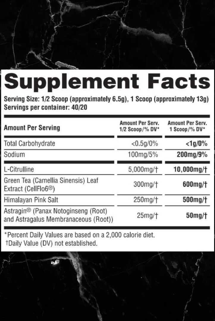 Supplement facts for Anarchy Labs Senshi Stim-Free Pre-Workout showing key ingredients like L-Citrulline, Green Tea Extract, and Himalayan Pink Salt.
