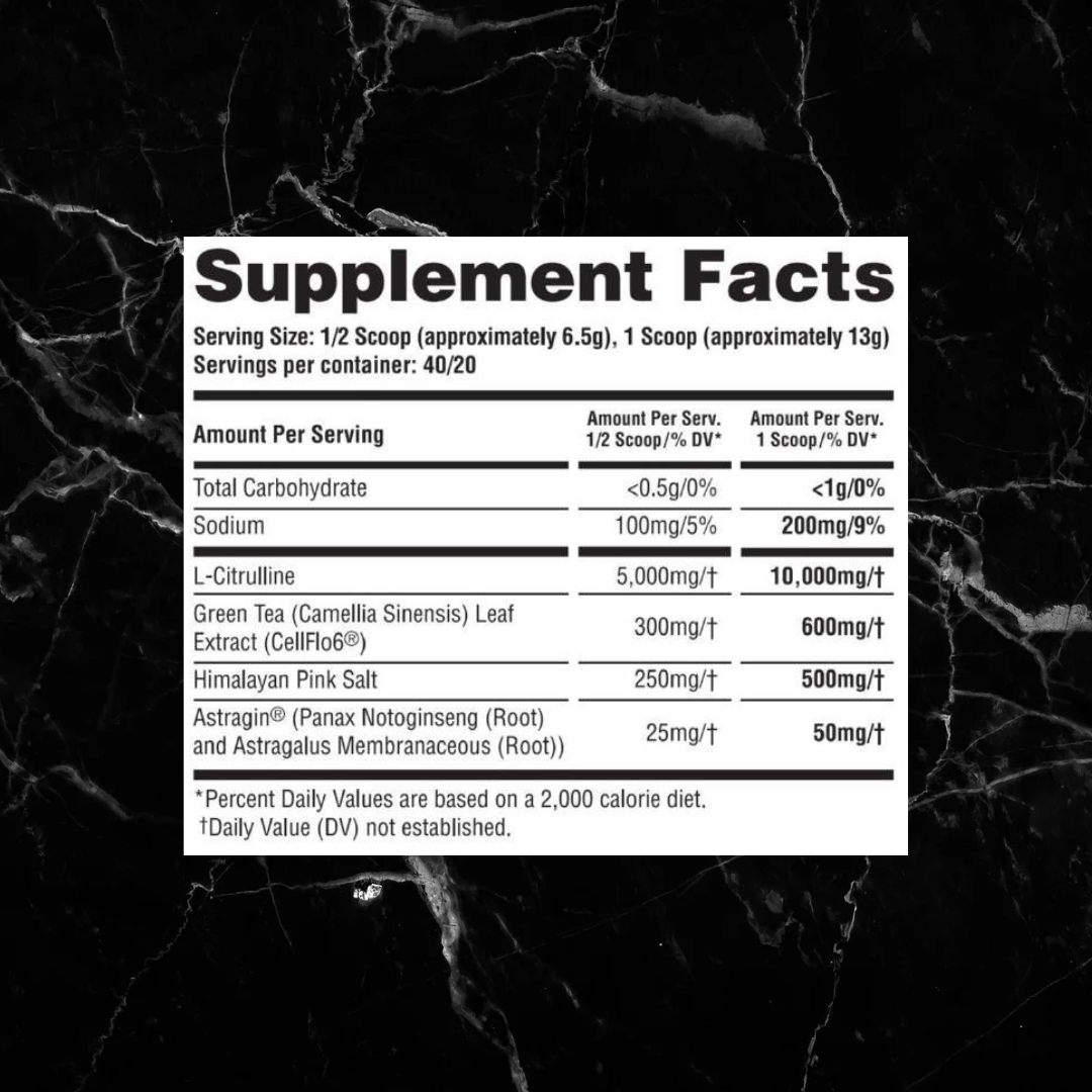 Supplement facts for Anarchy Labs Senshi Stim-Free Pre-Workout showing key ingredients like L-Citrulline, Green Tea Extract, and Himalayan Pink Salt.