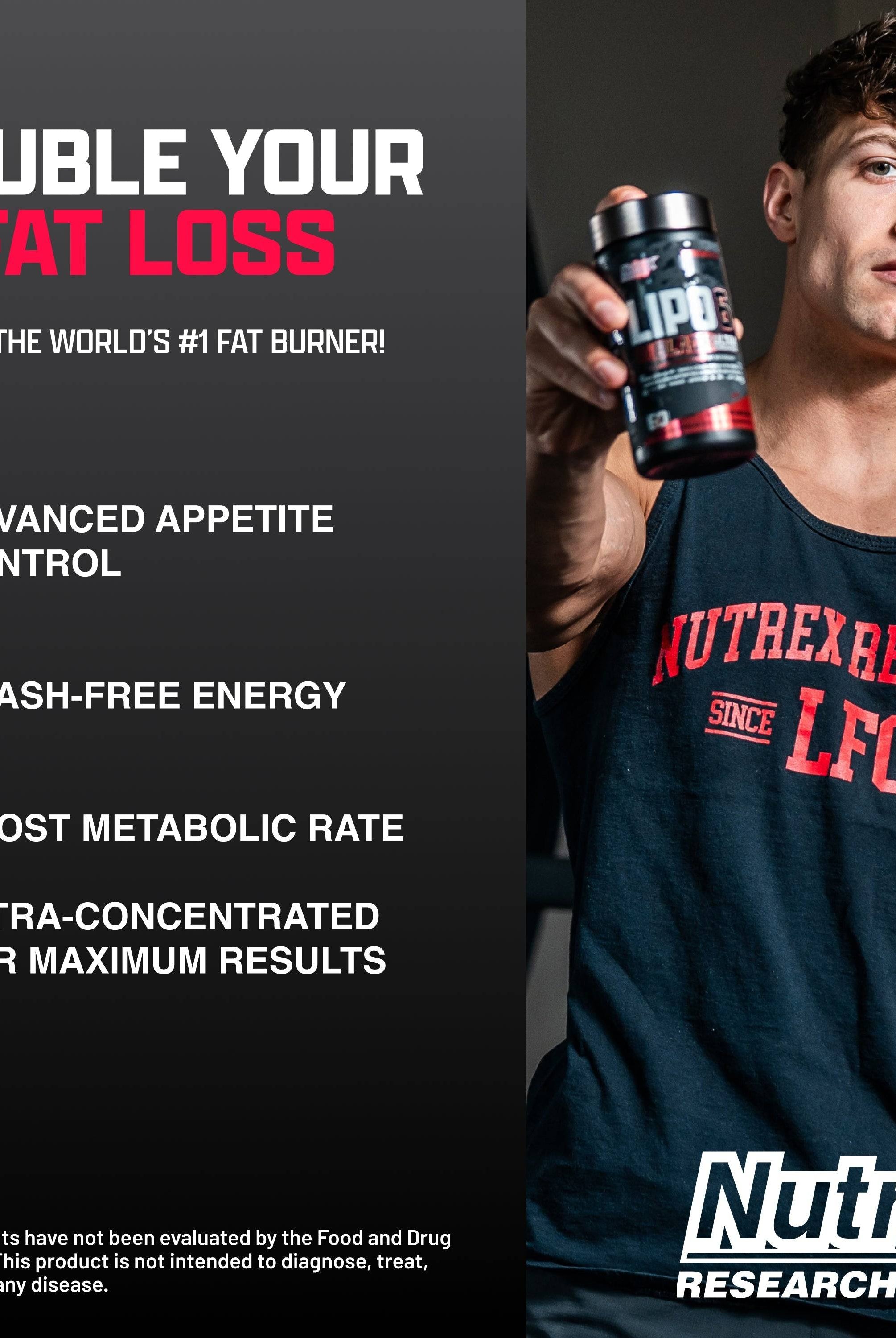 Man holding Nutrex Lipo6 BLACK Ultra bottle promoting fat loss benefits. Highlights appetite control, energy boost, and metabolic rate increase.