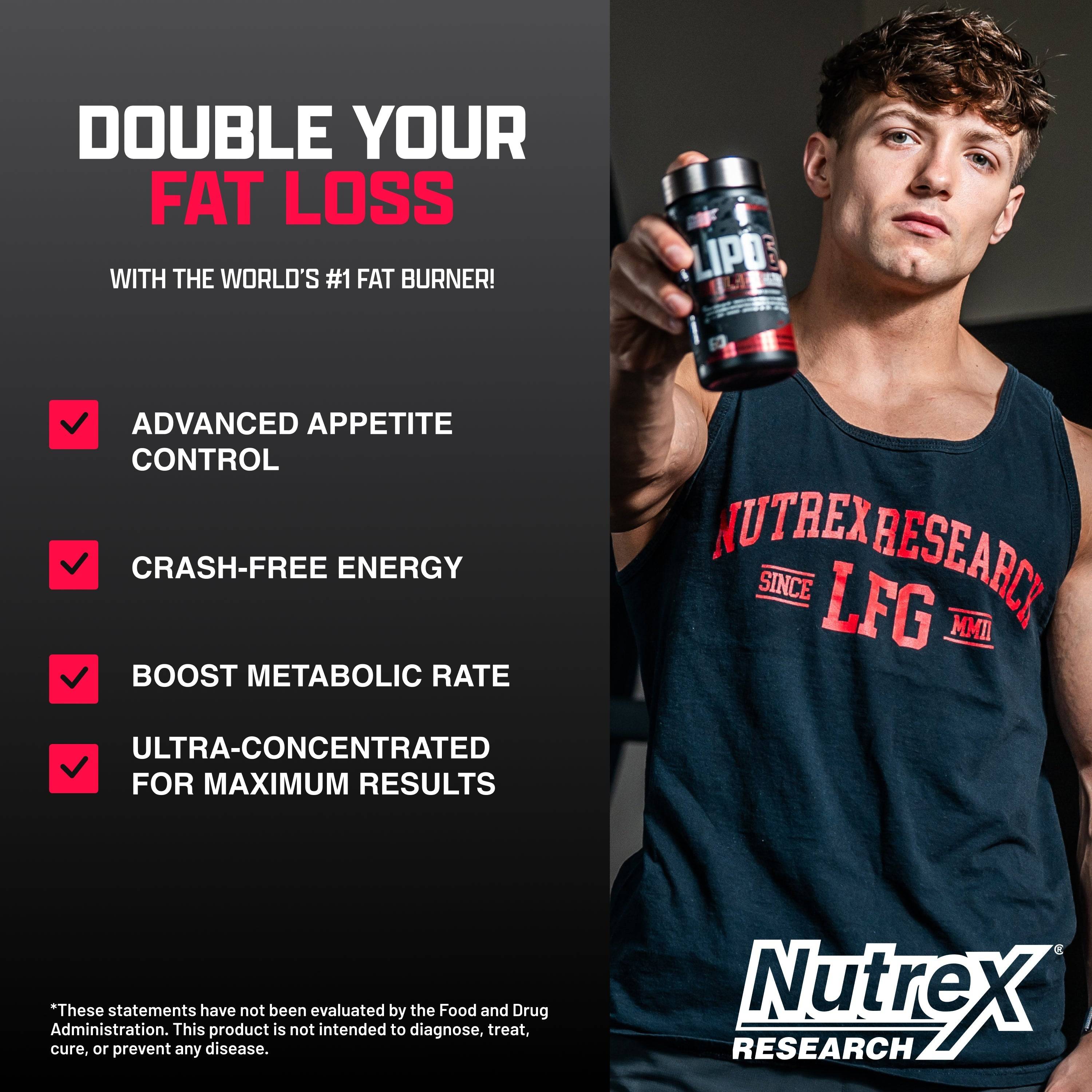 Man holding Nutrex Lipo6 BLACK Ultra bottle promoting fat loss benefits. Highlights appetite control, energy boost, and metabolic rate increase.
