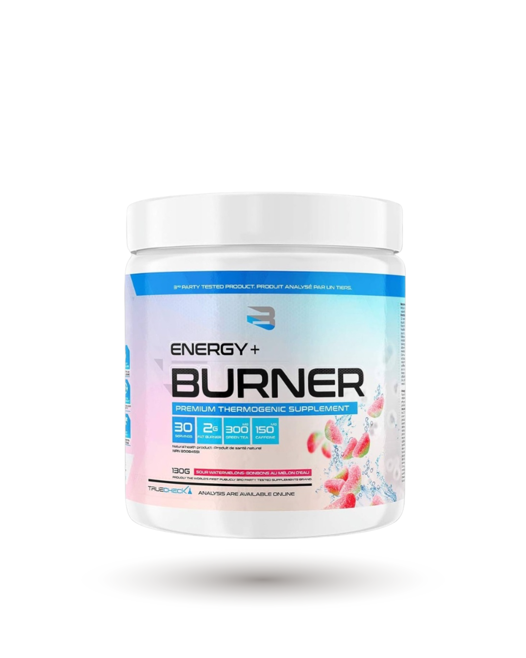 Believe Supplements Energy Sour Watermelons Essentials in 130g tub, fitness supplement for energy and fat burning support. Features fruity watermelon flavor.