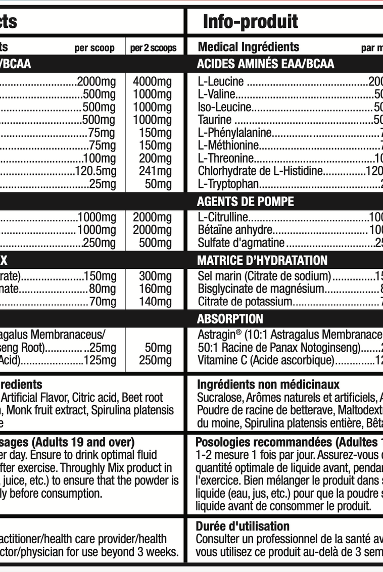Close-up of Amino Xplode supplement facts panel listing EAA/BCAA content, hydration matrix, pump agents, and recommended dosages.