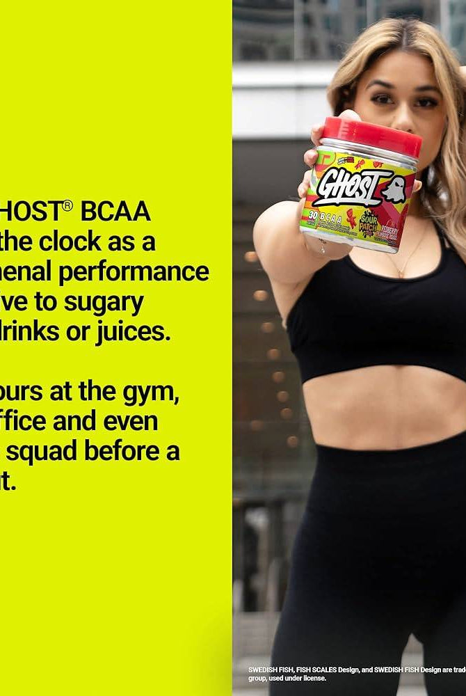 Woman in workout gear holding GHOST BCAAs Sour Patch Kids, promoting it as a performance drink alternative to sugary beverages.