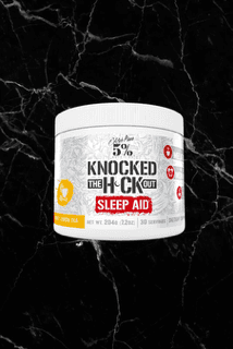 Rich Piana 5% Knocked The F*ck Out Sleep Aid in Honey Lemon Tea flavor, natural sleep support with GABA and melatonin, 30-serving essentials supplement.