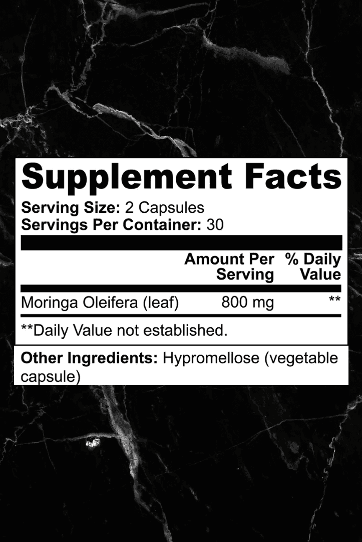 Supplement facts label for Moringa Pure Mood Enhancer showing 800mg of Moringa Oleifera per serving in vegetable capsules.
